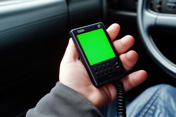 Hand holding gps device with green screen inside car for navigation and tracking