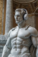 Greco-Roman Statue in Headphones and Sunglasses, Creating a Modern Look for a Music Album Cover, Merging Classic and Contemporary Styles.
