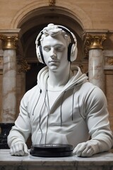 Neoclassical Statue of a Man in Headphones with DJ Turntables, Crafted from Greek Marble, Symbolizing a New Direction in Music and Art