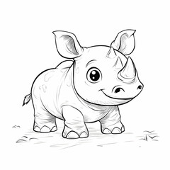 Fototapeta premium Cute Cartoon Rhino Illustration - Black and White