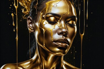 Woman Face Painted in Gold on Black Background with Liquid Polished Metal Effect