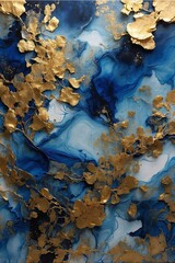 Fototapeta premium Blue and Gold Abstract Painting with Intricate Patterns in Heavenly Marble Style
