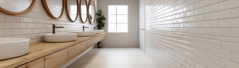 Modern bathroom interior with white tiles, wooden vanity, round mirrors, and natural light from a window.