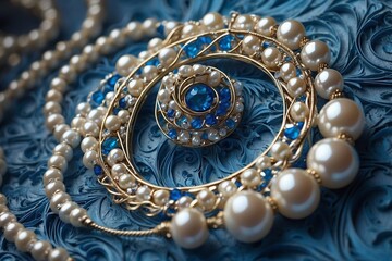 Fototapeta premium Close-Up of Paper Art Featuring Real Pearls on a Blue Background, Creating an Air of Elegance