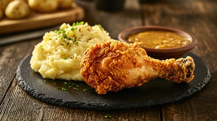 Crispy fried chicken leg with mashed potatoes and gravy on a slate plate.