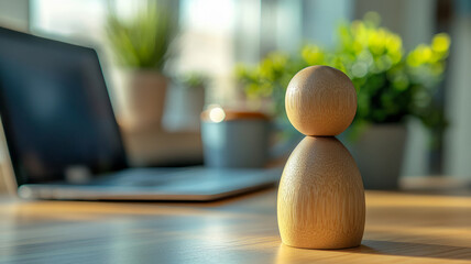 Wooden figure on a desk in an office setting with plants.
