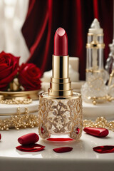 Red Lipstick on a Glass Table with Gold and Red Accents in Evening Lighting