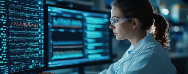 Scientist analyzing data on screens in laboratory with a focused expression.