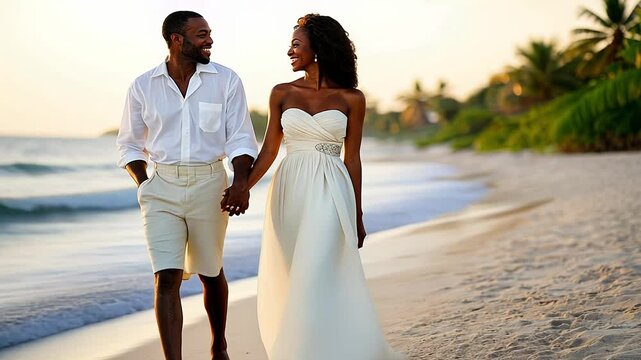 A couple strolls hand in hand along a picturesque beach at sunset, radiating love as the sun casts a golden hue over the tranquil waves and palm trees.