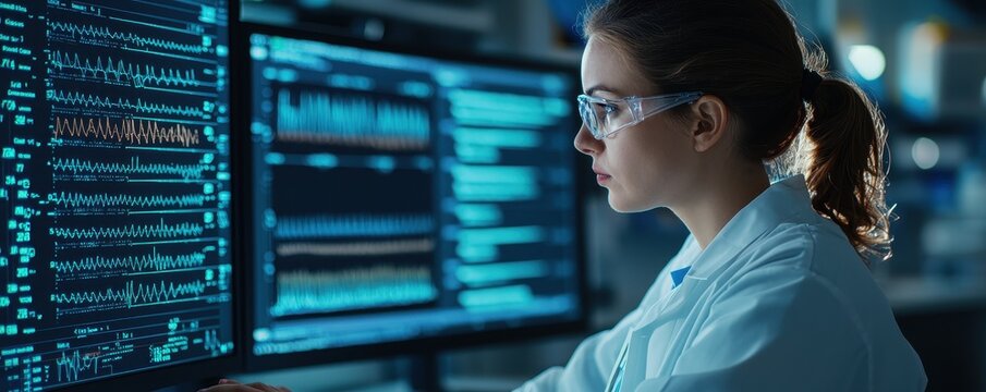 Scientist analyzing data on screens in laboratory with a focused expression.