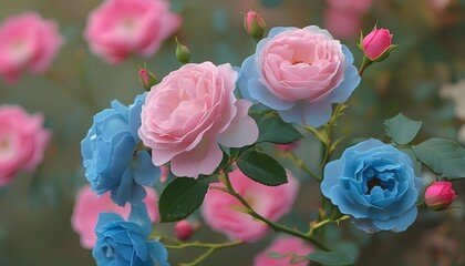 Whimsical Spring Garden: Vintage Fantasy with Pink and Blue Roses for Nature-Inspired Wallpaper