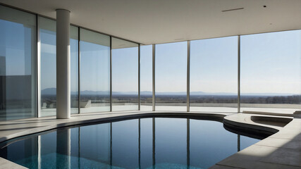 Fototapeta premium Futuristic Minimalist Architecture with Curved Lines and Glass Reflections