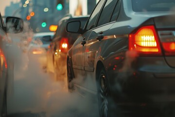Naklejka premium A black car is driving in a traffic jam with a lot of other cars, generative ai image