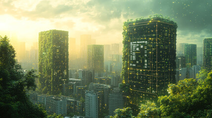 Obraz premium Futuristic green city with plant-covered skyscrapers 