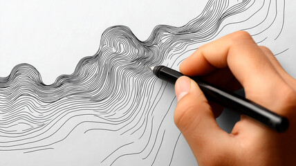 Hand holding ballpoint pen drawing a line, line art modern illustration