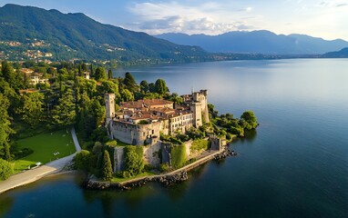 Fototapeta premium A majestic stone castle perched on a small island in a tranquil lake, surrounded by lush greenery and towering mountains in the background.