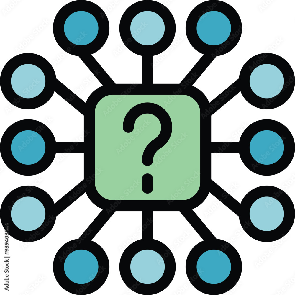 Poster question mark is connecting with multiple circles, symbolizing a network hub and raising questions a