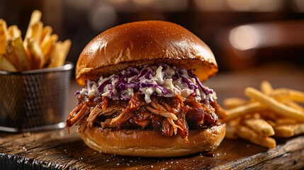 Delicious pulled pork sandwich with coleslaw and fries on a wooden board.