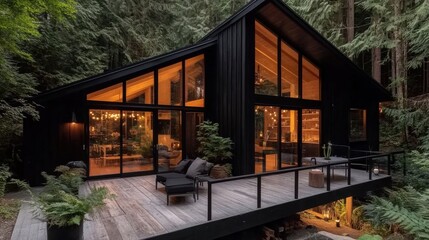Fototapeta premium A black cabin with a deck and a patio