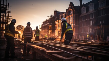 Fototapeta premium Dynamic construction site with builders in action captured in long exposure motion blur