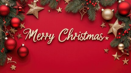 A festive celebration of Christmas with sparkling gifts and golden text set against a red background filled with snowflakes and holiday cheer