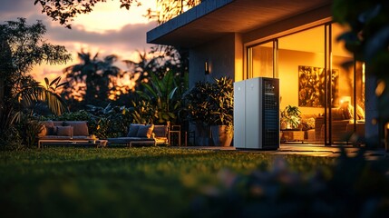Obraz premium Modern luxury house exterior with warm evening lighting and lush garden