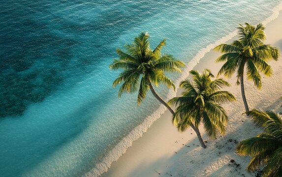 Aerial view of a tropical beach with palm trees and turquoise water. The white sand beach is a perfect spot to relax.