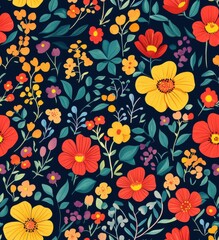 playful pattern of colorful flowers and leaves on a navy blue background