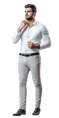 A handsome man wearing a white button up shirt a tie and grey pants is standing relaxed, cutout on transparent background, ready for architectural visualisation. PNG