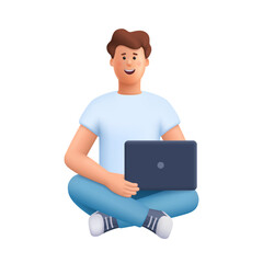 Young smiling man sitting with crossed legs, holding laptop. Freelance, studying, online education, work at home, work concept. 3d vector people character. Cartoon minimal style.