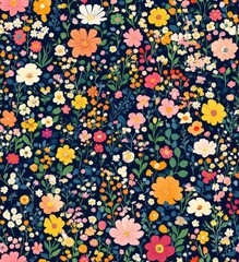 playful pattern of colorful flowers and leaves on a navy blue background