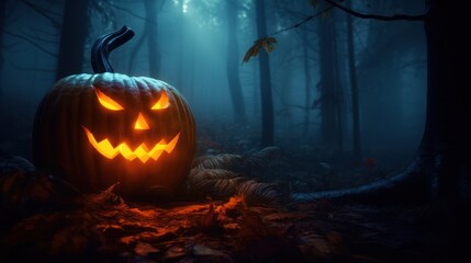 Naklejka premium Spooky Jack-o'-lantern in a Foggy Forest