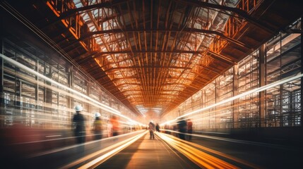 Dynamic construction site filled with workers captured in long exposure motion blur effect