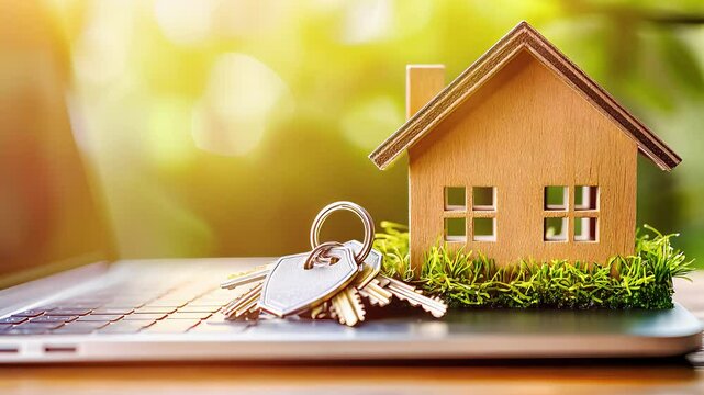  Miniature wooden house model with keys on a laptop, symbolizing online real estate transactions, homeownership, and digital property management.