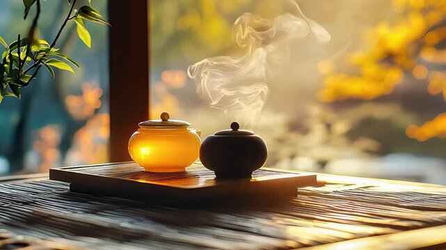 Tranquil tea setup with steaming teapots on a wooden table, surrounded by warm sunlight and peaceful autumn nature, evoking calm and serenity.