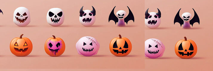 Set of Halloween pumpkins with scary faces and bats. Flat illustration.