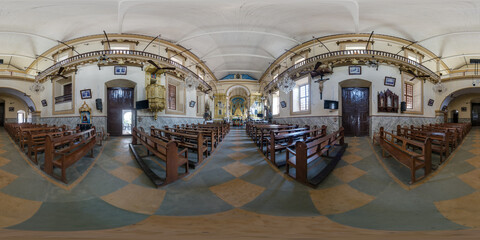 COLVA, INDIA - JANUARY 2, 2024: full spherical hdri 360 panorama inside portugese church in old goa india in equirectangular projection, VR AR virtual reality content