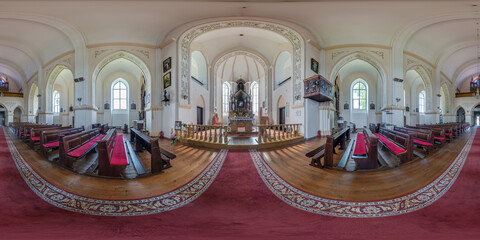 RAKOV, BELARUS - MAY 17, 2024; spherical seamless hdri 360 panorama near altar inside of catholic church, architectural monument of gothic with arches and frescoes in equirectangular projection