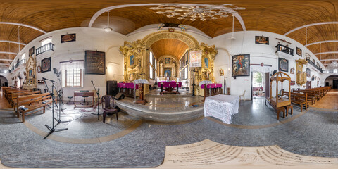 REIS MAGOS, INDIA - JANUARY 4, 2024: full spherical hdri 360 panorama inside portugese church in old goa india in equirectangular projection, VR AR virtual reality content