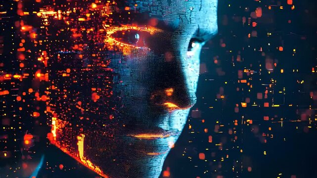 Futuristic digital human face with glowing data particles, symbolizing artificial intelligence, technology, and human-computer interaction.