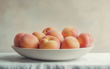 A white bowl filled with ripe peaches, ready to be eaten.
