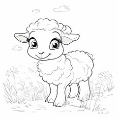 Obraz premium Cute Cartoon Illustration of a Sheep Standing in a Field of Flowers