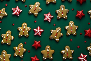 Festive Gingerbread Cookies on Green Background