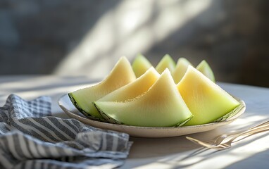 Slices of ripe melon on a plate, ready to enjoy.