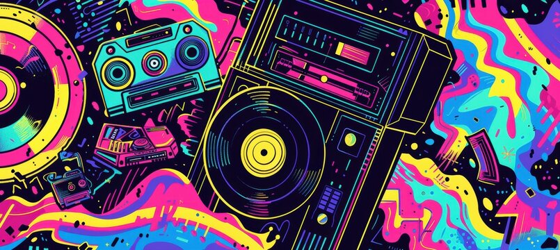 Retro 90s Music Banner with Vinyl Records, Cassettes, and Jukebox in Neon Abstract Background