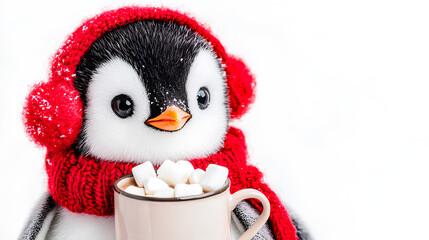 Fototapeta premium Penguin wearing a red hat and scarf is holding a cup of hot chocolate
