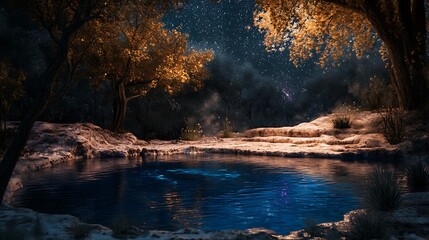 Celestial Reflections in a Surreal Hot Spring - Blending Reality and Fantasy