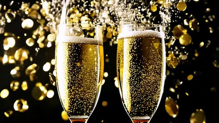 Festive celebration with sparkling champagne glasses filling and golden confetti explosion