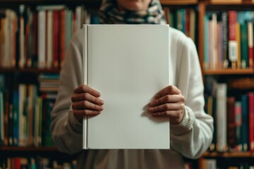 A woman is holding a white book in a library