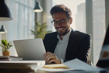 Obraz premium Young Professional Working on a Laptop in a Bright Office With City Views During the Morning Hours